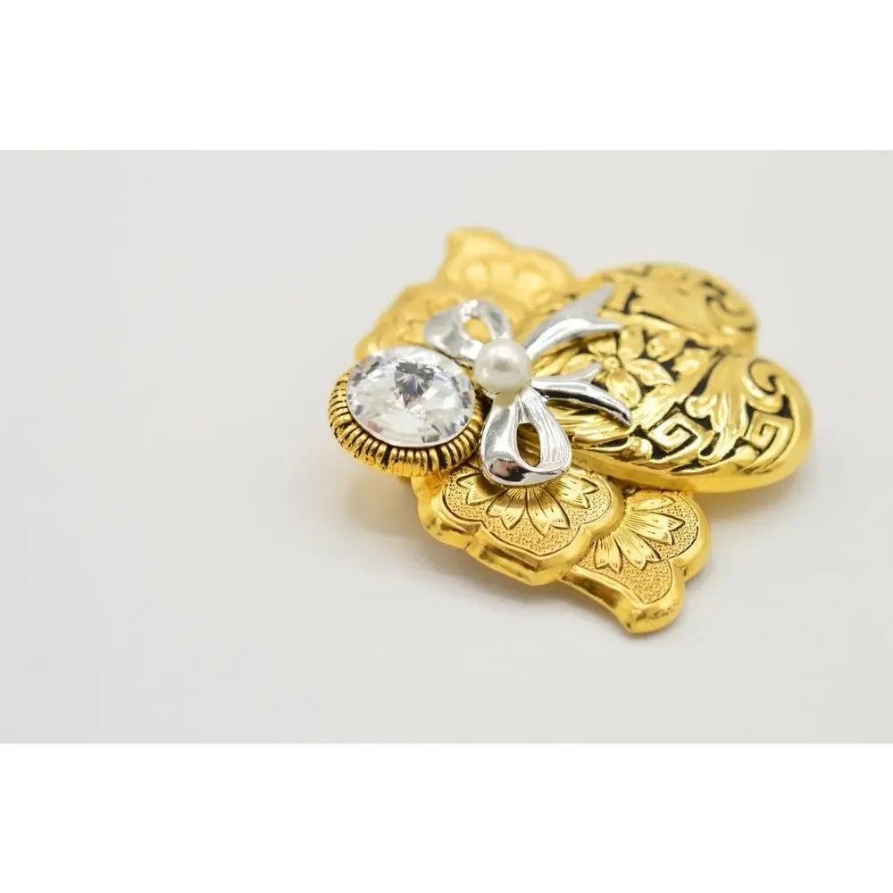 Jane 1995 AOL Signed Vintage Pin Brooch Guardian Gold Angel Rhinestone Chic BinJ